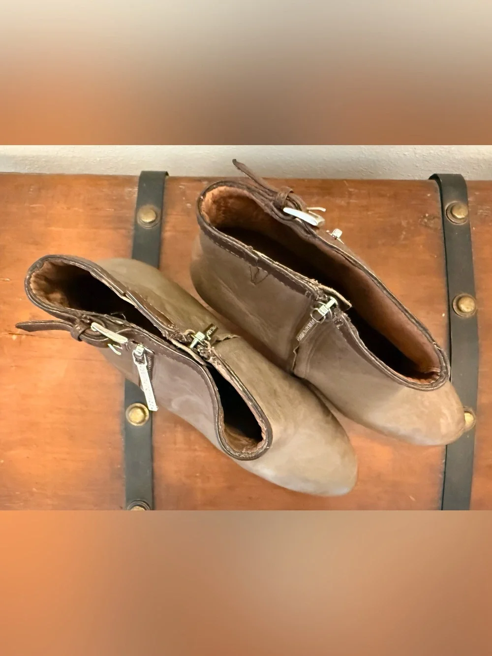 Donald J Pliner Taupe Leather Ankle Booties with Zip and Buckle
